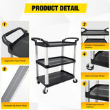 3-Tier Utility Plastic Cart with Steel Frame - 220 lbs Capacity Rolling Service Cart with Locking Wheels - Professional Bus Cart