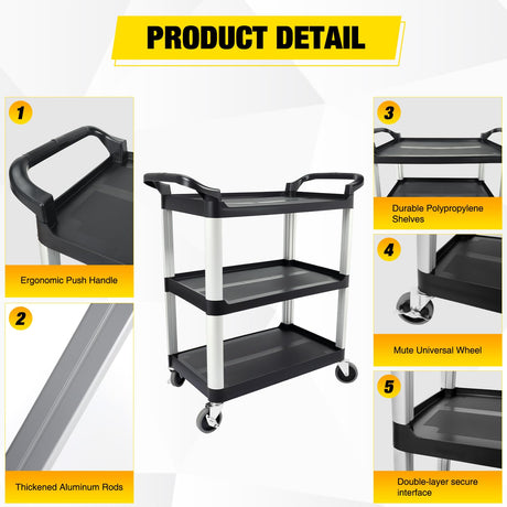 3-Tier Utility Plastic Cart with Steel Frame - 220 lbs Capacity Rolling Service Cart with Locking Wheels - Professional Bus Cart