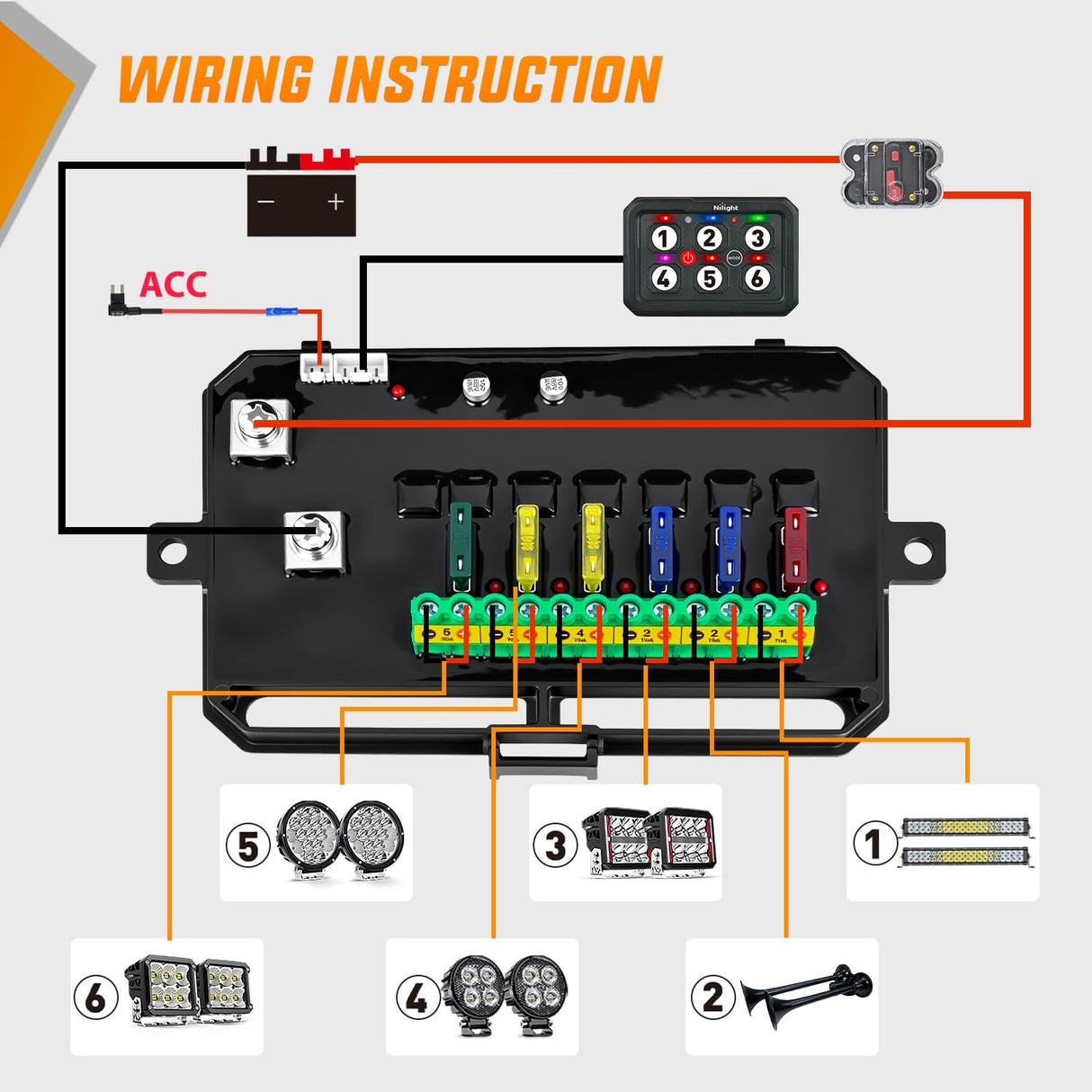 6 Gang Switch Panel Circuit Control Relay System APP RGB Backlight Fuse Wiring Harness Toggle Momentary Strobe Flash Modes Automatic Dimmable 12V 24V for Car Truck Camper SUV