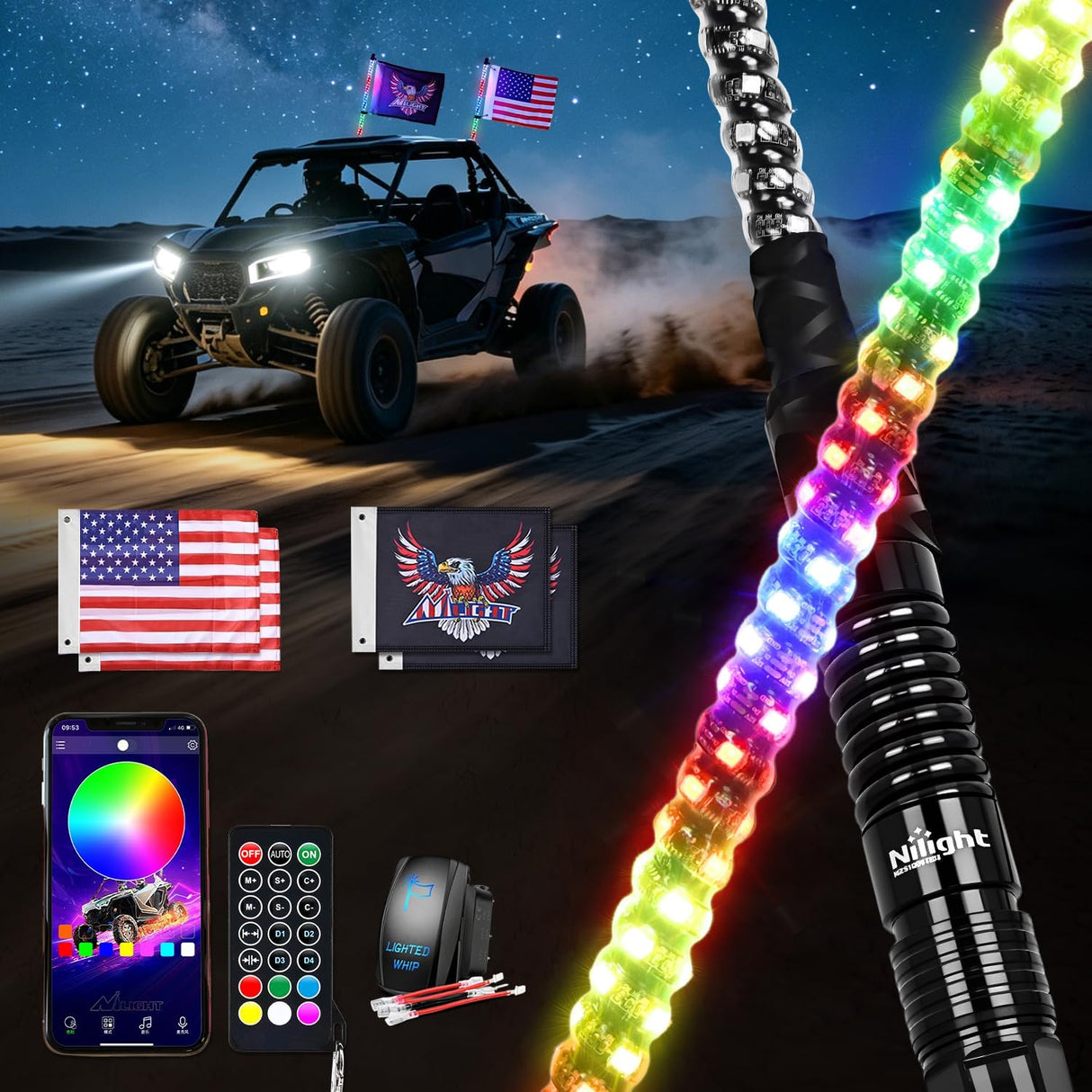 RGB LED Whip Light 2PCS 2FT Spiral Antenna Whips | APP and Remote Control with DIY Chasing Patterns Turn Signal Brake Reverse Functions and Spring Base for ATV UTV RZR and Jeep