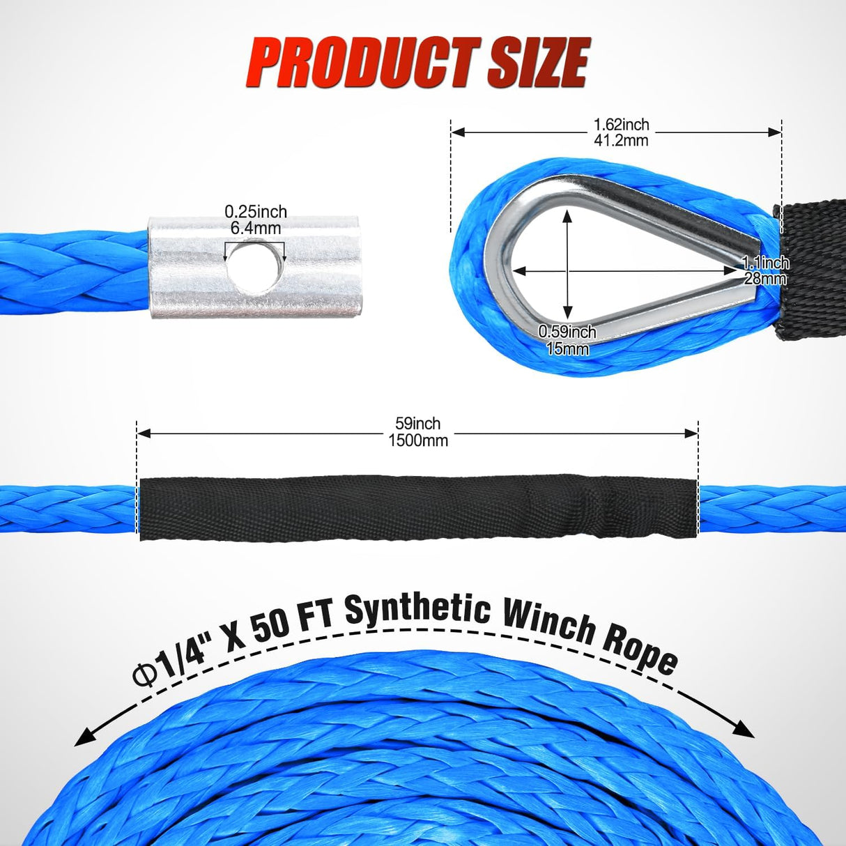 Winch Rope 1/4 Inch x 50 Feet 9000 LBS Synthetic Winch Line Cable with Black Protective Sleeve Line Cables for ATV UTV Winches with Synthetic Ropes Truck Boat SUV Vehicle, Blue