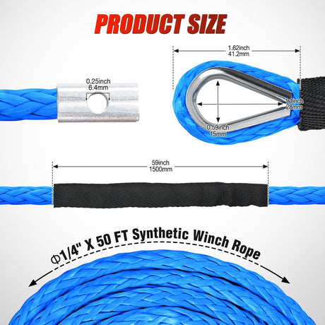 Winch Rope 1/4 Inch x 50 Feet 9000 LBS Synthetic Winch Line Cable with Black Protective Sleeve Line Cables for ATV UTV Winches with Synthetic Ropes Truck Boat SUV Vehicle, Blue