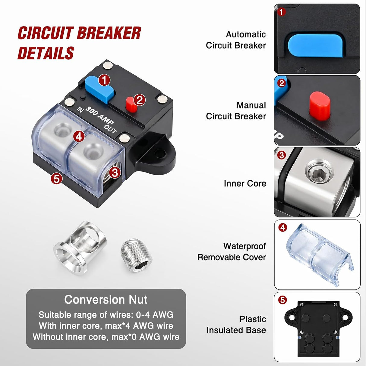 300 Amp Circuit Breaker w/Manual Reset 12V-42V Overload Protection | Resettable Switch Trolling Motor Auto Car Stereo Audio Inline Fuse Block Holders Inverter for Automotive RV Marine Boat