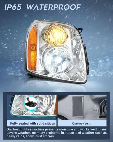 Headlight Assembly Compatible with 2007 2008 2009 2010 2011 2012 2013 2014 GMC Yukon Halogen Type Factory OE Style Replacement Chrome Housing Amber Reflector Passenger and Driver Side