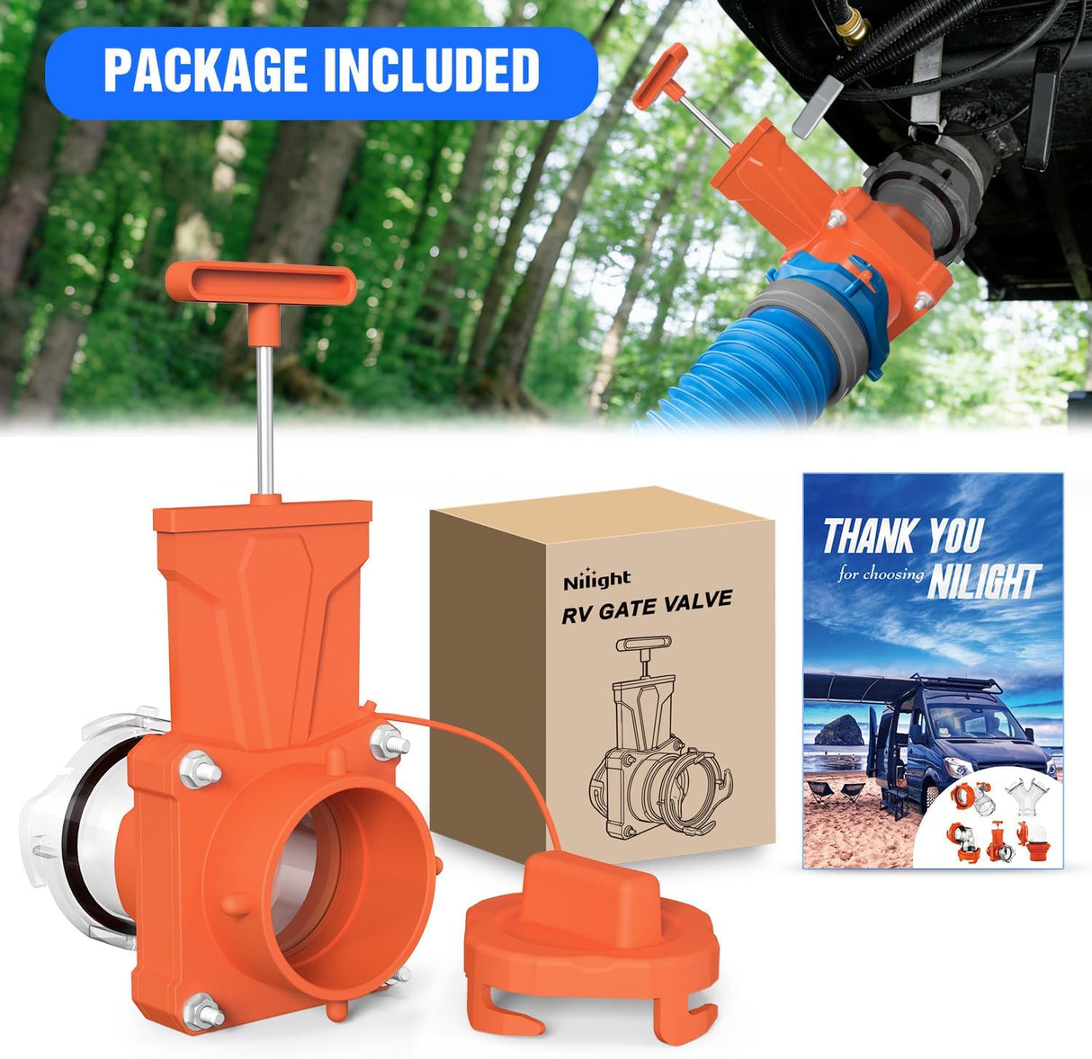 RV Sewer Valve, Camper Black Tank Gate Valve with 4 Bayonet Prongs Clear Adapter Leakproof Cap Double Odor-Tight Sealing Ring Twist On Waste Valve for RV Sewer Hose Fittings Replacement Orange