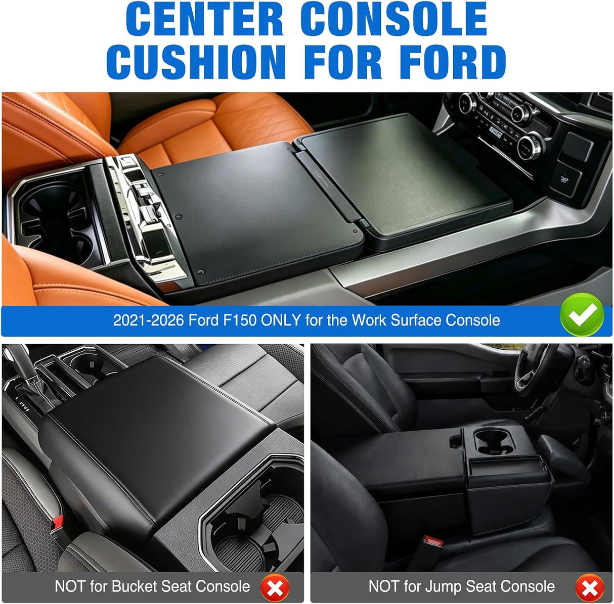 Center Console Cover for Ford F150 2021-2025 2026 Armrest Cushion | Nappa Leather Armrest Cover for Ford Car Accessories Waterproof Middle Console Cushion (Only fit for Work Surface Console)