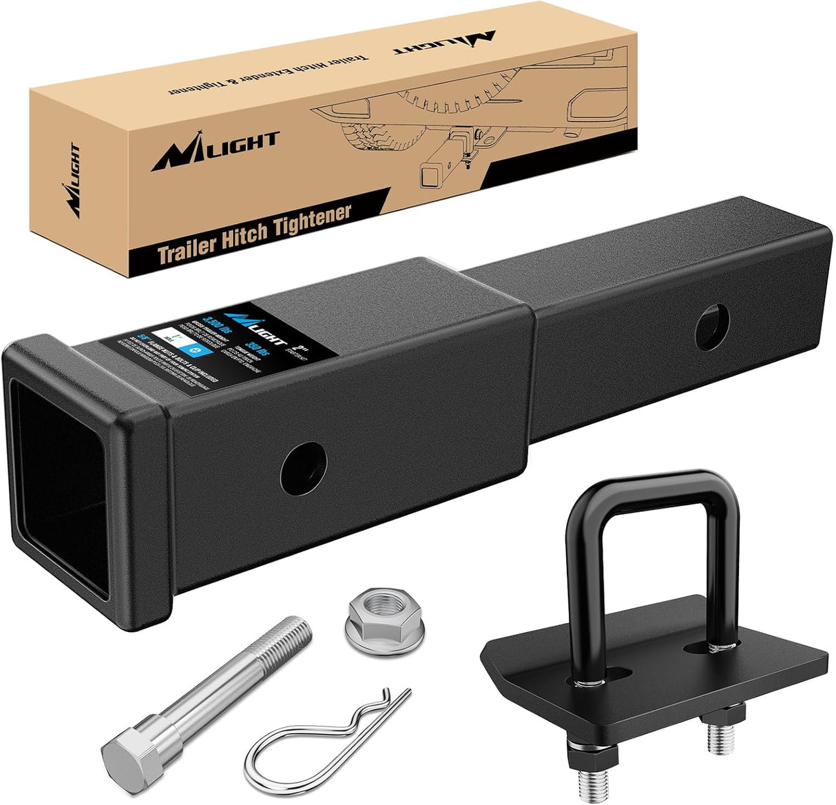 Trailer Hitch Extender 7 Inch Extension Length with Hitchs Tightener Anti Rattle Stabilizer for 2 Inch Receiver with 5/8 Inch Bolt Nut Clip 3,500 lbs GTW Matte Black