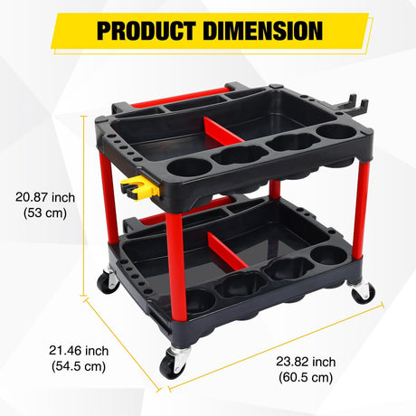 2-Tier Car Detailing Cart with Polisher Brackets - Rolling Utility Plastic Cart with Organizer & Hooks - Heavy Duty Mobile Tool Station