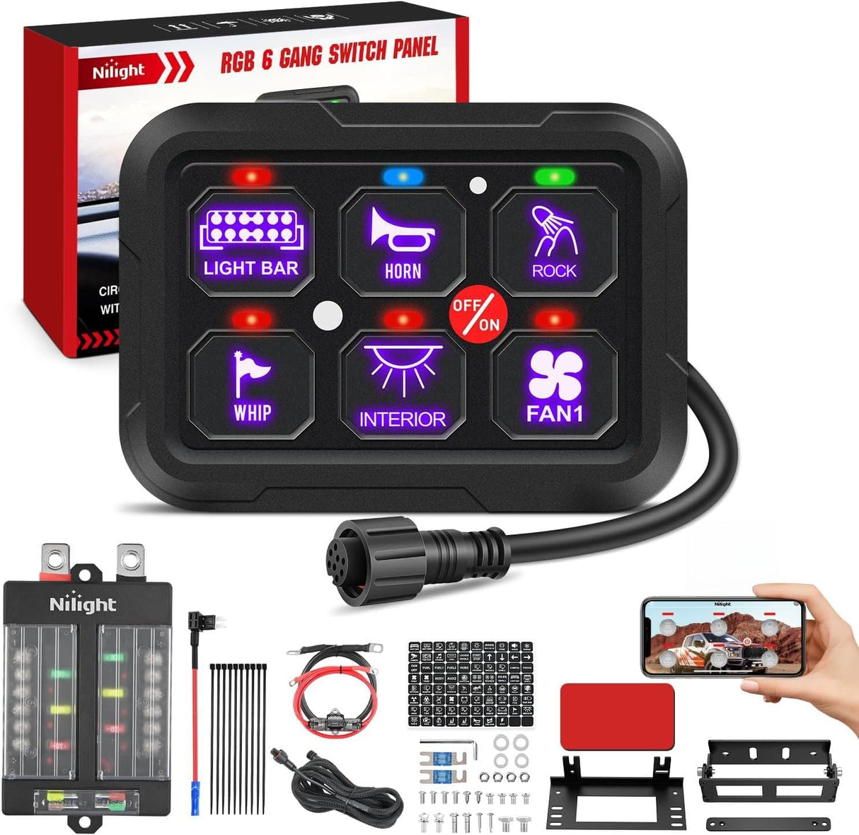 6 Gang Switch Panel 12V 24V Universal Circuit Control Relay System with RGB Backlight APP Fuse Wiring Harness Automatic Dimmable ON Off LED Switches Pod for Car Pickup Truck Camper SUV
