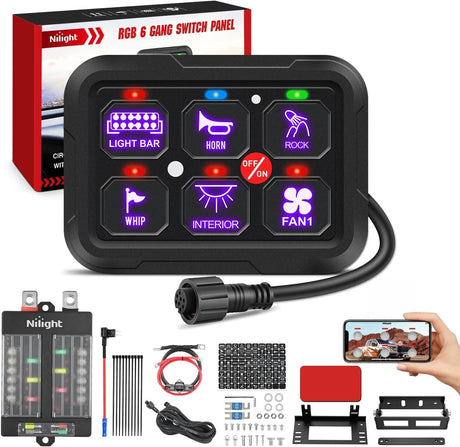 6 Gang Switch Panel 12V 24V Universal Circuit Control Relay System with RGB Backlight APP Fuse Wiring Harness Automatic Dimmable ON Off LED Switches Pod for Car Pickup Truck Camper SUV