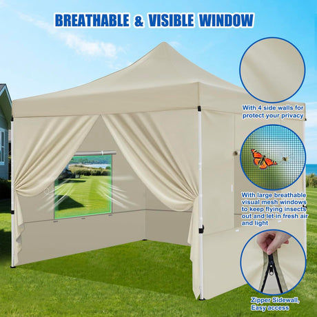 10x10 Pop Up Canopy Tent with 4 Sidewalls Portable Folding Outdoor Canopy Easy Setup Gazebo Waterproof Instant Shelter Tent w Wheel Carry Bag sandbag for Events Parties Camping, Khaki Brown