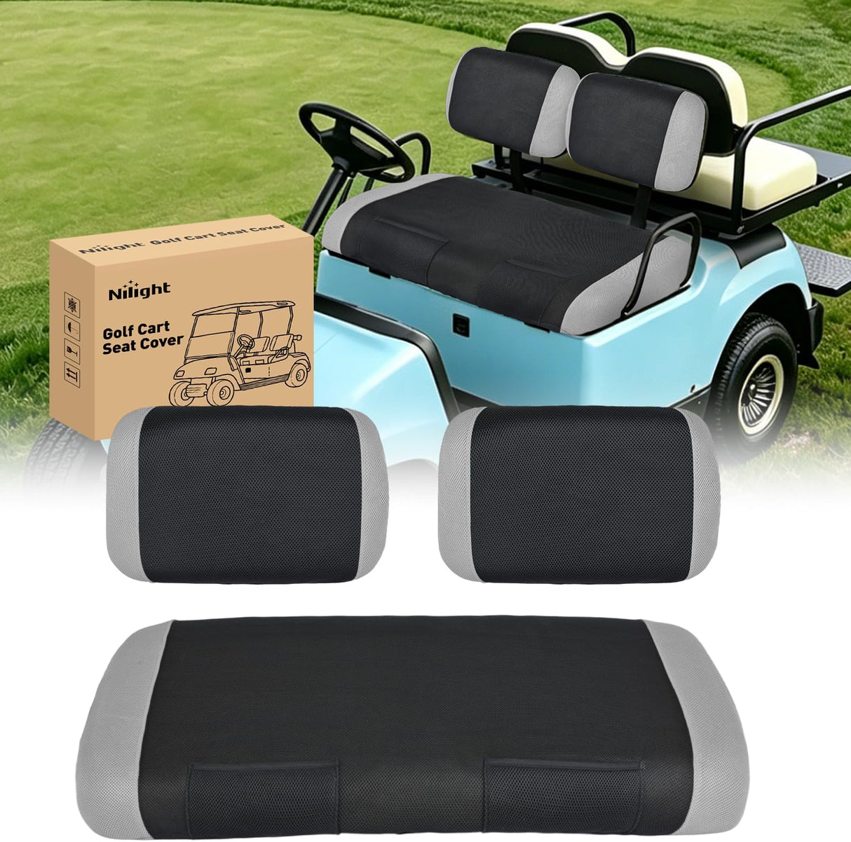 Golf Cart Front Seat Cover 1PC Grey Black Club Car DS Yamaha | Breathable Sandwich Mesh Sun Scratch Resistant Washable No Staple Fits 1982-2000 Club Car DS and Yamaha G22 G19 G16 G9 G2