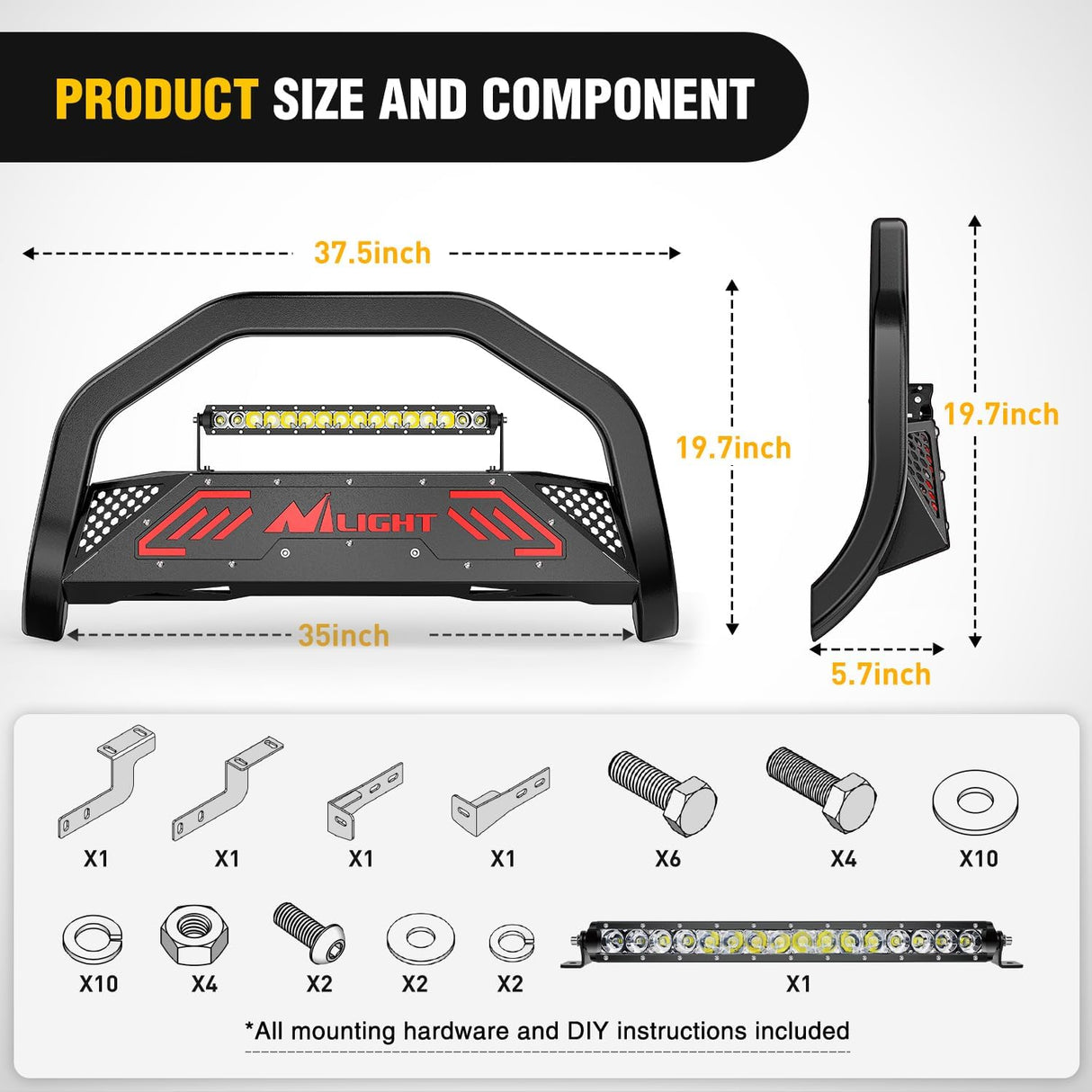 Bull Bar with Light Compatible with Nissan Frontier 2005-2021 (Tow Hooks Must be Removed) Front Bumper Grille Brush Push Guard with Skid Plate Licence Hole Black