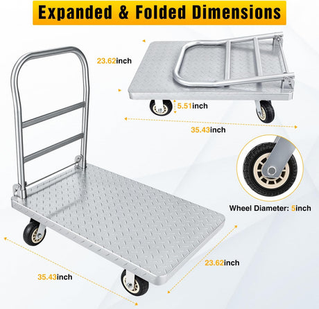 Stainless Steel Platform Cart 1320 lbs Heavy Duty Flatbed Push Dolly with 5 Inch Rubber Wheels 36 x 24 Inch Platform Truck for Warehouse Industrial Use Black