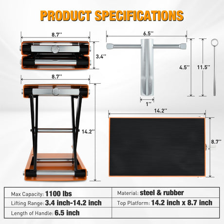 Motorcycle Lift Jack 1100 LBS Scissor Jacks Stand Lift with Wide Deck Safety Pin Handle 3.4 Inch-14.2 Inch Height Adjustable Hoist Stand Garage Repair Lifter for Motorcycles ATV Dirt Bike, Orange