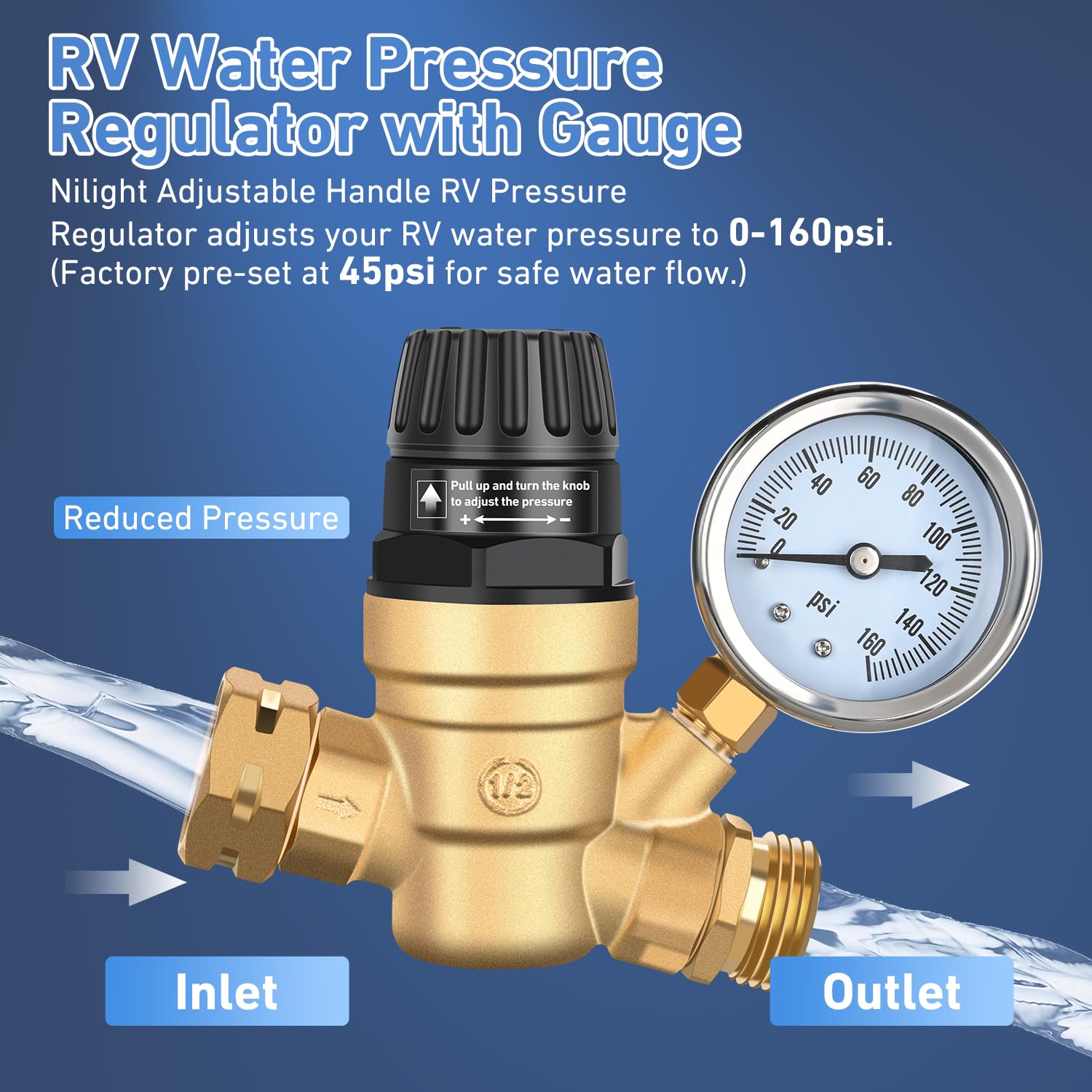RV Water Pressure Regulator Handwheel Adjustment Oil Filled Gauge Nilight