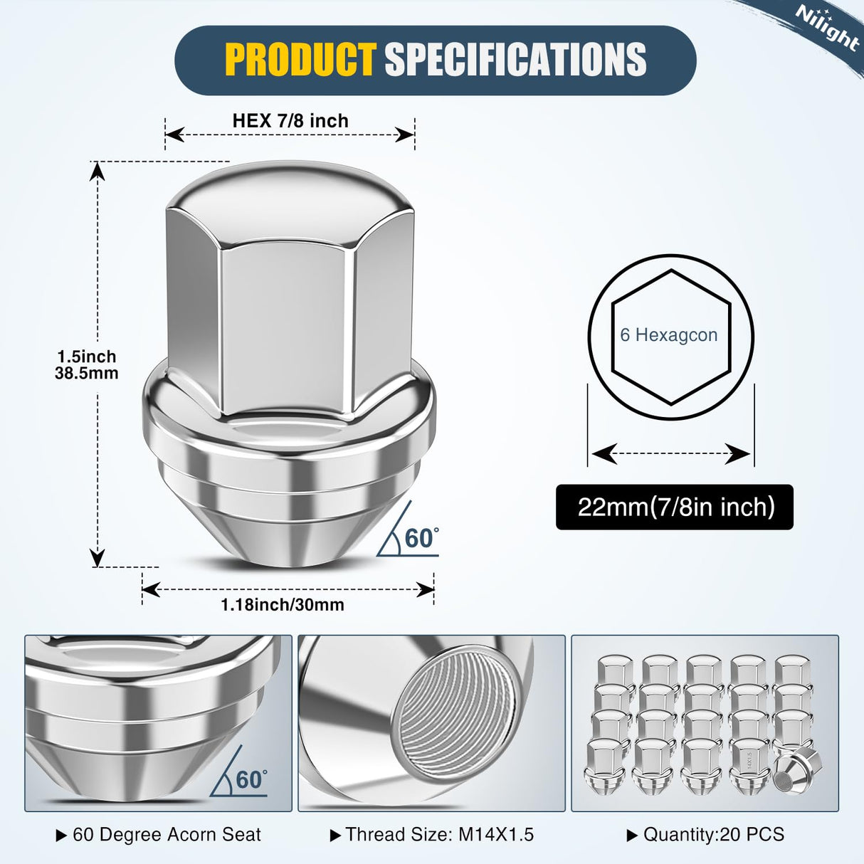 20PCS M14x1.5 Lug Nuts Compatible with 2012-2018 Ram 1500 | for 2019-2022 Jeep Wrangler/Gladiator 2011-2024 Grand Cherokee One-Piece Solid Chrome Steel OEM Factory Wheel Nuts Replace
