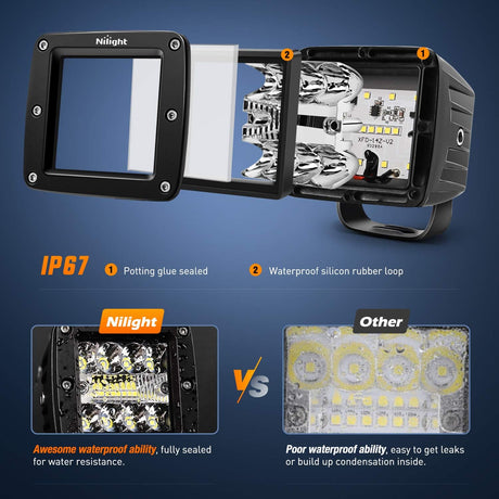 Light Bar 2PCS 3 Inch LED Pods Cubes UTV Rear Roof Mounting Brackets LED Backup Reverse Lighting 15FT Wiring Harness Kit 2 Leads for 2013-2024 Polaris Ranger Full Size 570 800 900 1000 XP Crew