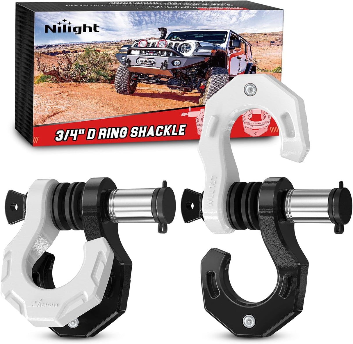 2 Pack 3/4 Inch D-Ring Separate Shackle 45,000 Lbs Break Strength | Includes 7/8 Inch Lock Pin, Isolators and Washers Off Road Recovery, for Tow Strap Winch Truck Vehicle Black&White