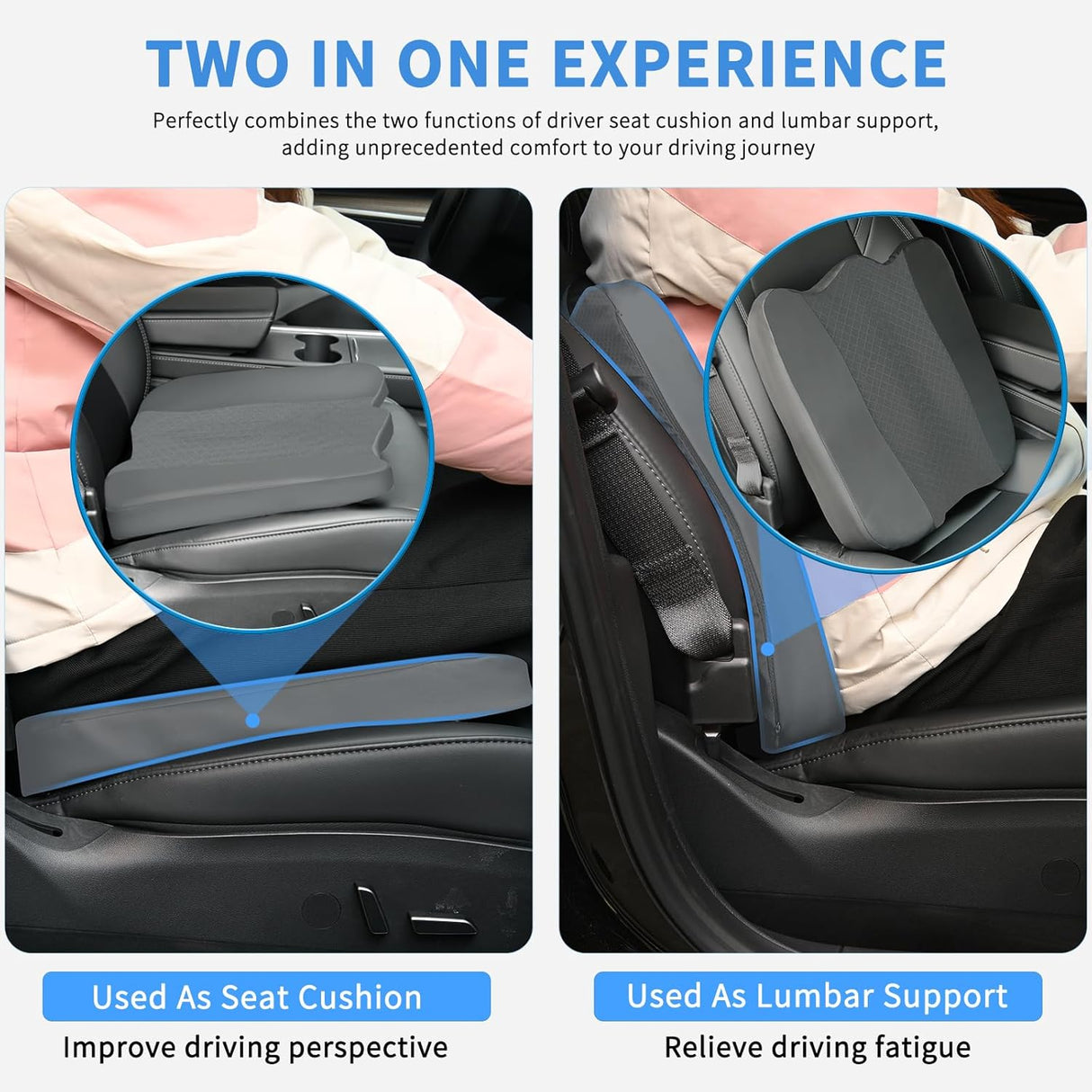 Car Seat Cushion Grey Leather Breathable Mesh Splicing Cushion Memory Foam Suitable for Daily Life Driving Relieves Sciatica and Tialbone Pain Improves Drive Visibility