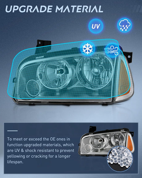 Headlight Assembly Compatible with 2006 2007 2008 2009 2010 Dodge Charger Chrome Housing Amber Reflector Clear Lens Headlights Replacement Bumper Lamp Set Driver and Passenger Side