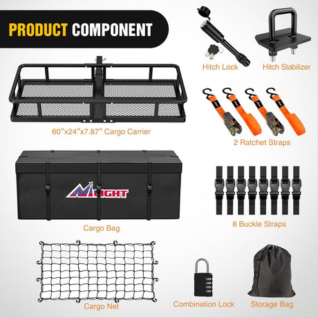 60 Inch x 24 Inchx 7.87 Inch Folding Carrier Fits 2-Inch Receiver 500 Lbs Capacity Bag Net Ratchet Straps Lock Stabilizer for SUV Pickup RV Van