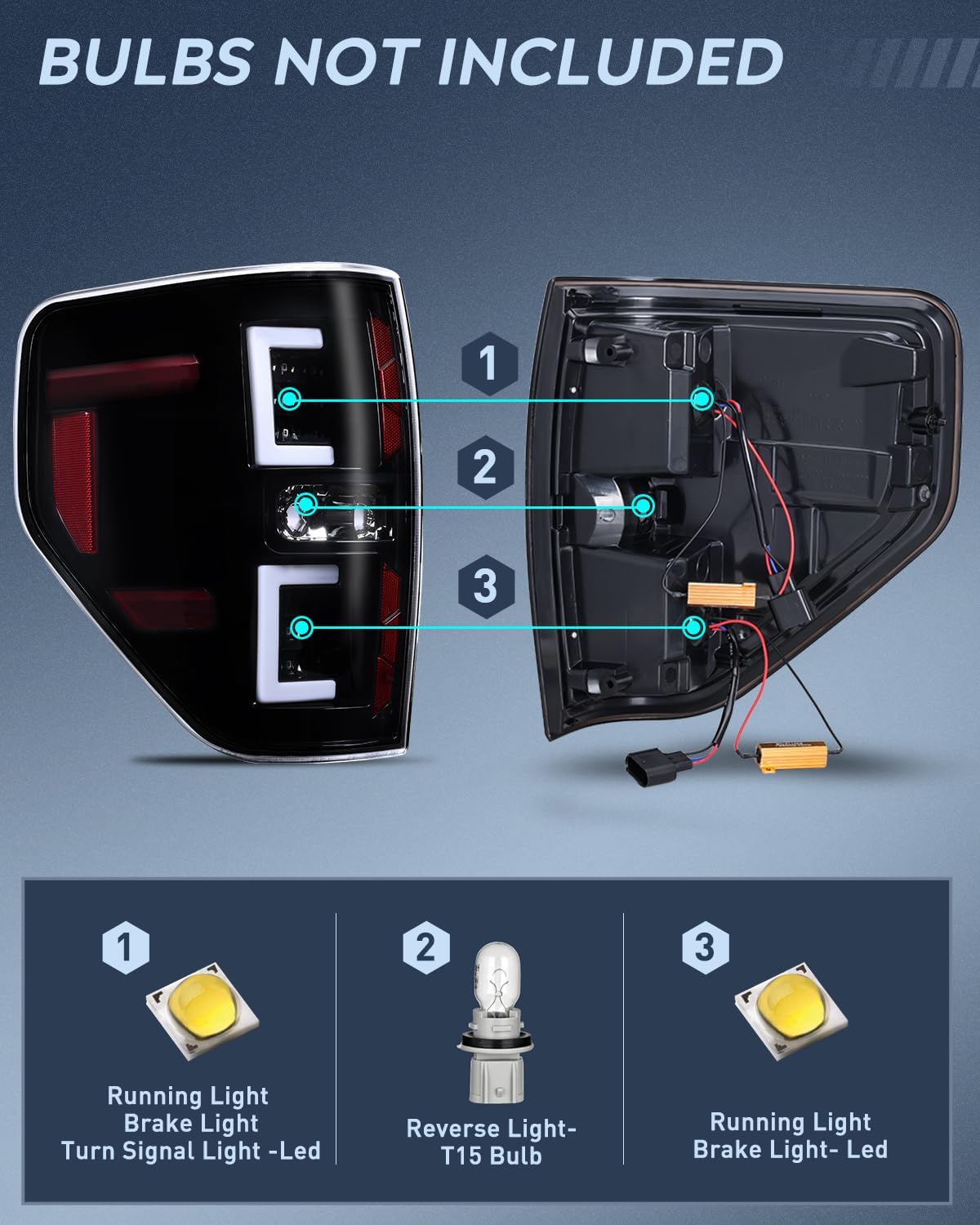 Taillight Assembly Compatible with 2009 2010 2011 2012 2013 2014 Ford F150 Incandescent Type Styleside Upgrade LED Tube tail lights; Rear Brake Lamps
