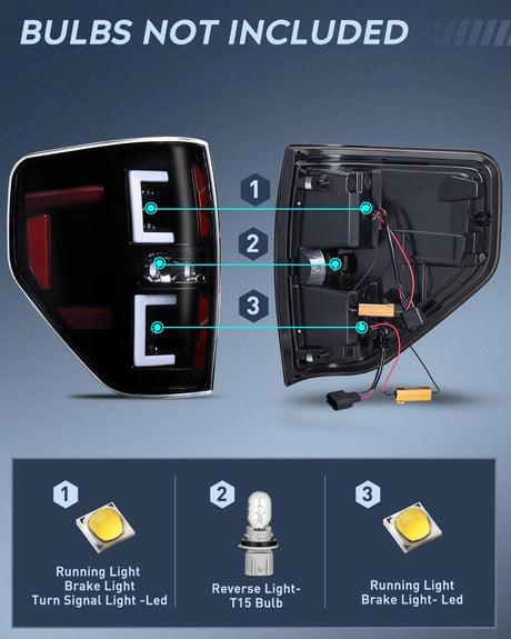 Taillight Assembly Compatible with 2009 2010 2011 2012 2013 2014 Ford F150 Incandescent Type Styleside Upgrade LED Tube tail lights; Rear Brake Lamps