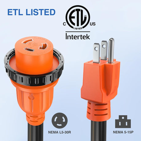 RV Locking Adapter Cord with Circuit Breaker Overload Protector 15 Amp to 30 Amp Plug 110V Electrical 10 Gauge Wire ETL Listed 5-15P to L5-30R 15M/30F Weatherproof for RV Camper Caravan Van