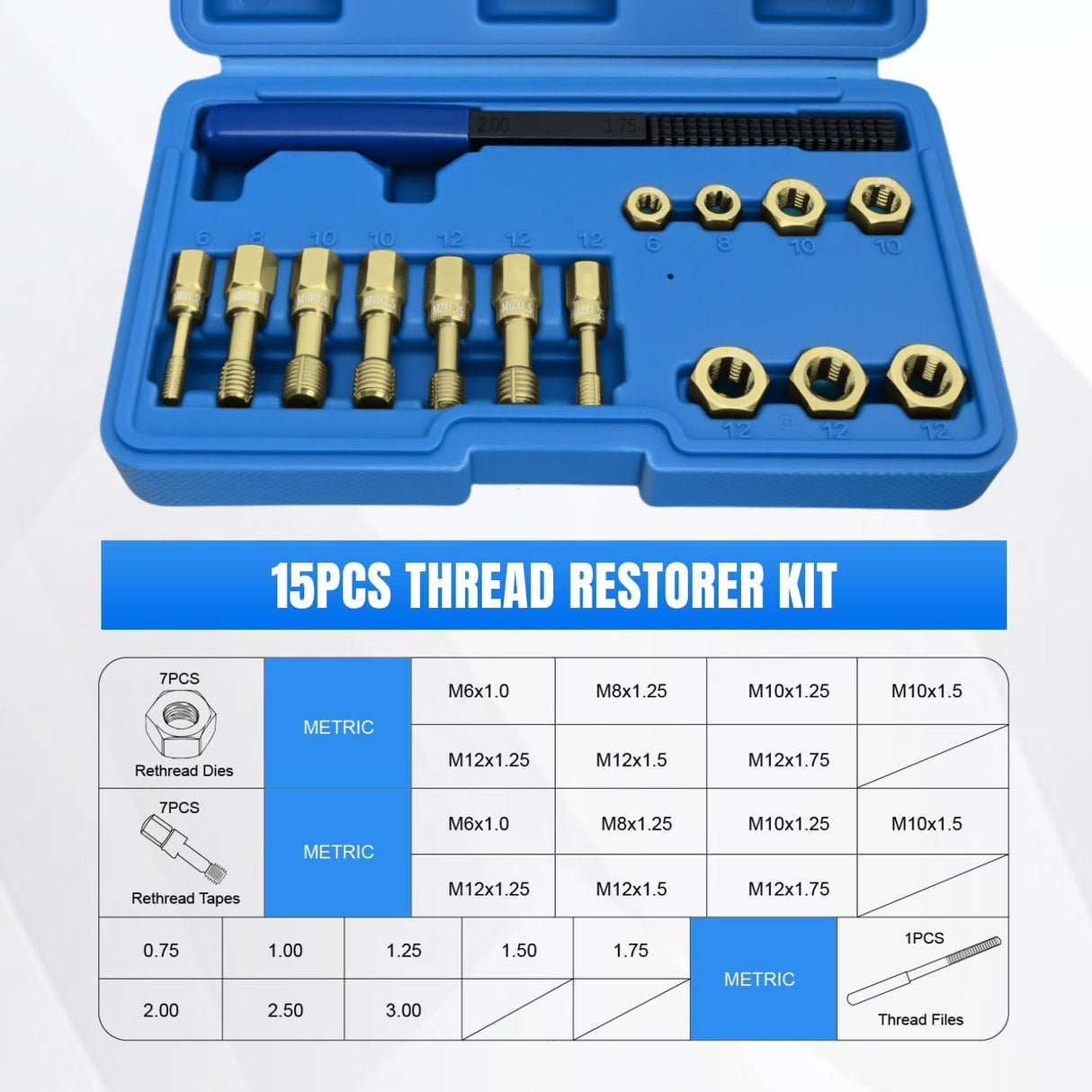 15PCS Metric Thread Chaser Set with Case Universal M6 M8 M10 M12 | 7 Taps 7 Dies 1 Threads File Thread Repair Kit Master Automotive Tool for Mechanics Auto Shops Home Garage Mobile Repair