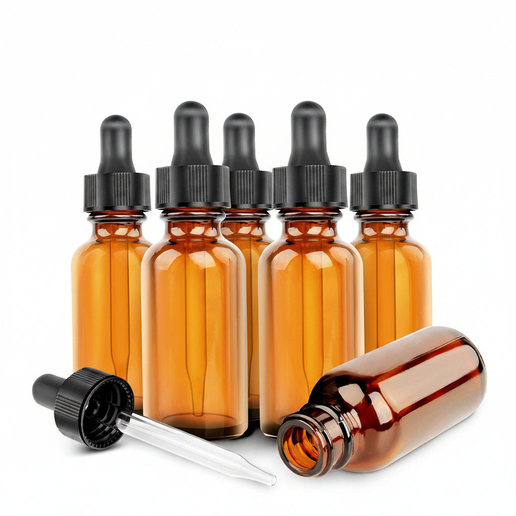 1oz Amber Glass Bottles for Essential Oils with Glass Eye Dropper - Pack of 6