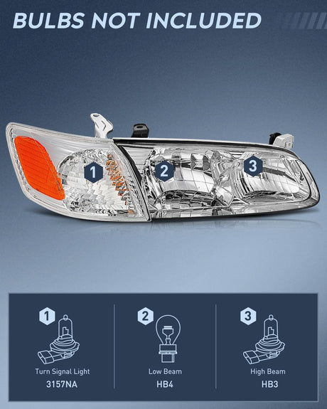 2000 2001 Toyota Camry Headlight Assembly Chrome Housing Amber Reflector Nilight