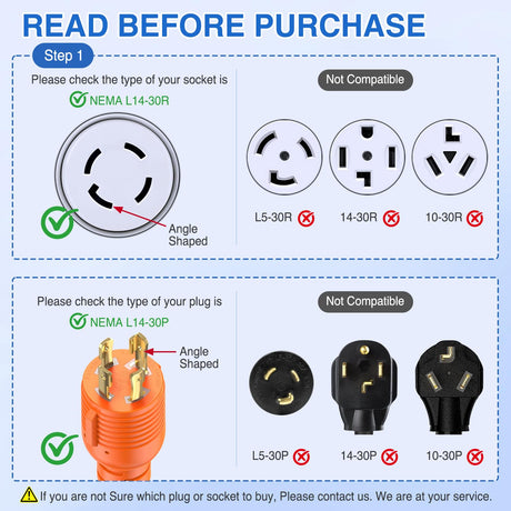4 Prong 30 Amp Generator Splitter Y Adapter NEMA L14-30P to 2 ×L14-30R 125/250V 7500W Locking Power Cable 10 AWG STW Wire ETL Listed for Manual Transfer Switch Generators RV Camper Outdoor