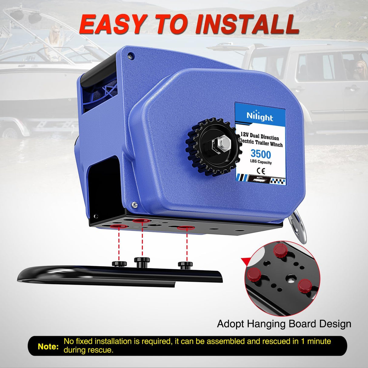 Boat Trailer Winch 3500 lbs Portable Electric Boat Winches 12 V DC Marine Winch with Synthetic Rope Remote Control Hand Crank Power-in Freewheel Waterproof Winch for Boat Trailer Towing, Blue