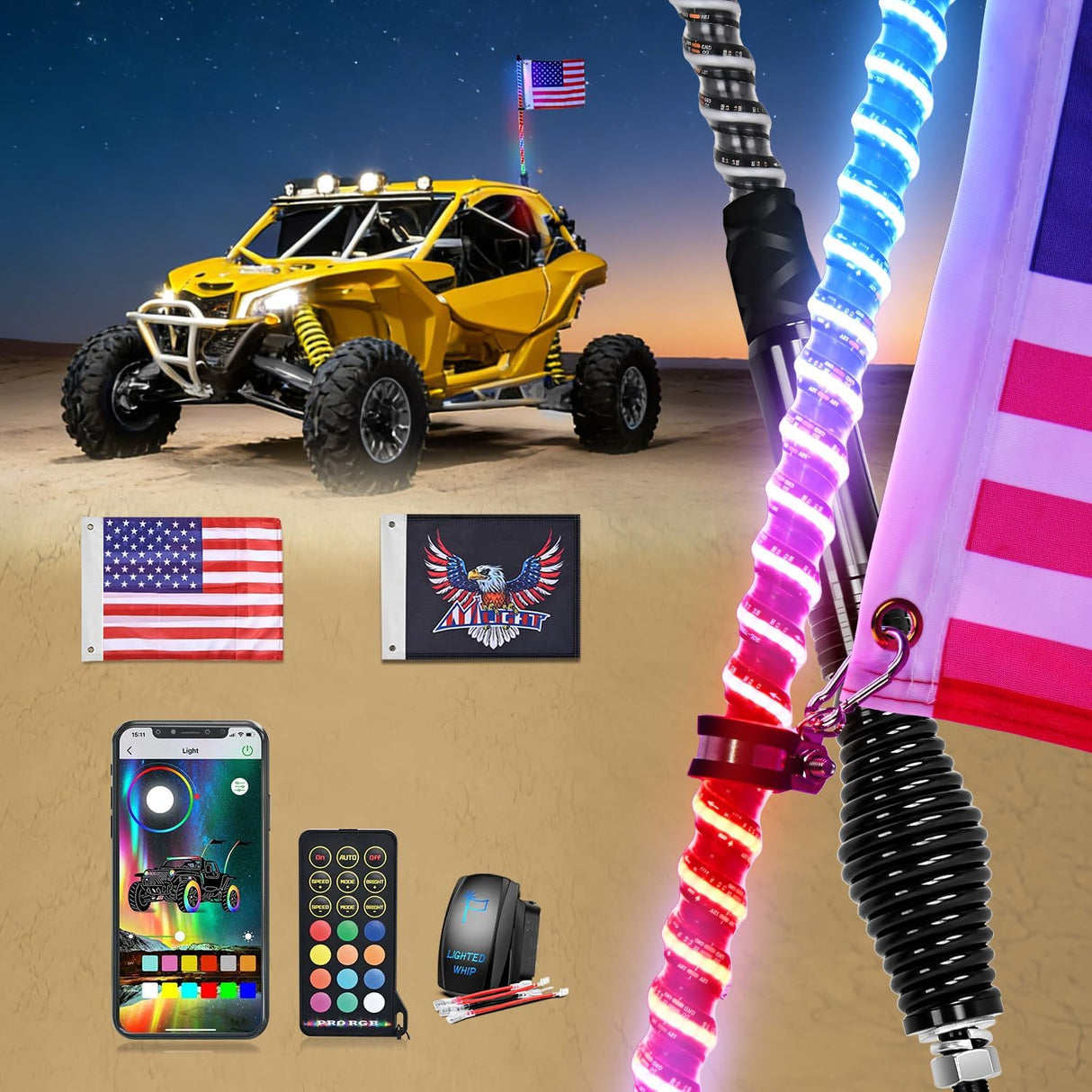COB RGB LED Whip Light 1PC 4FT Spiral Lighted Antenna Whips | Bluetooth APP and Remote Control with DIY Chasing Patterns Music Sync and Spring Base for ATV UTV RZR Can Am and Truck