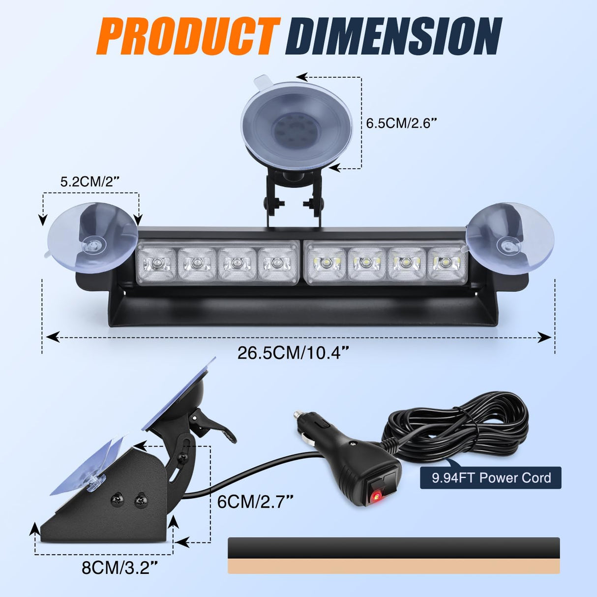 8LED Blue White Traffic Advisor Strobe Light Bar Hazard Safety | with Vacuum Suction Emergency Dash Warning Flashing Lights Front/Rear Windshield Visor for Truck Police Construction Vehicles
