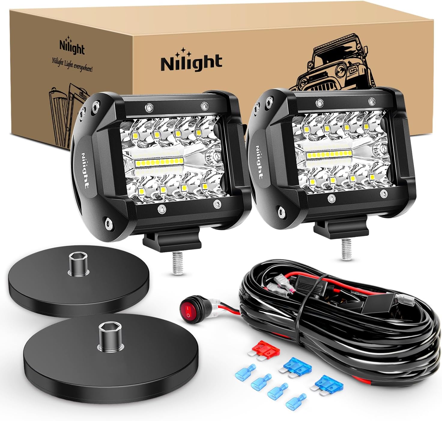 4" 60W Triple Row Spot/Flood LED Pods (Pair) W/ Magnetic Base | 16AWG Wire 3Pin Switch Nilight