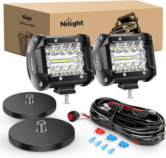 4 Inch 60W Triple Row Spot Flood LED Pods (Pair) W/ Magnetic Base | 16AWG Wire 3Pin Switch