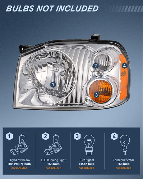 Headlight Assembly Compatible with 2001 2002 2003 2004 Nissan Frontier XE OE Style Replacement Halogen Headlights Chrome Housing Amber Reflector Headlamp Passenger and Driver