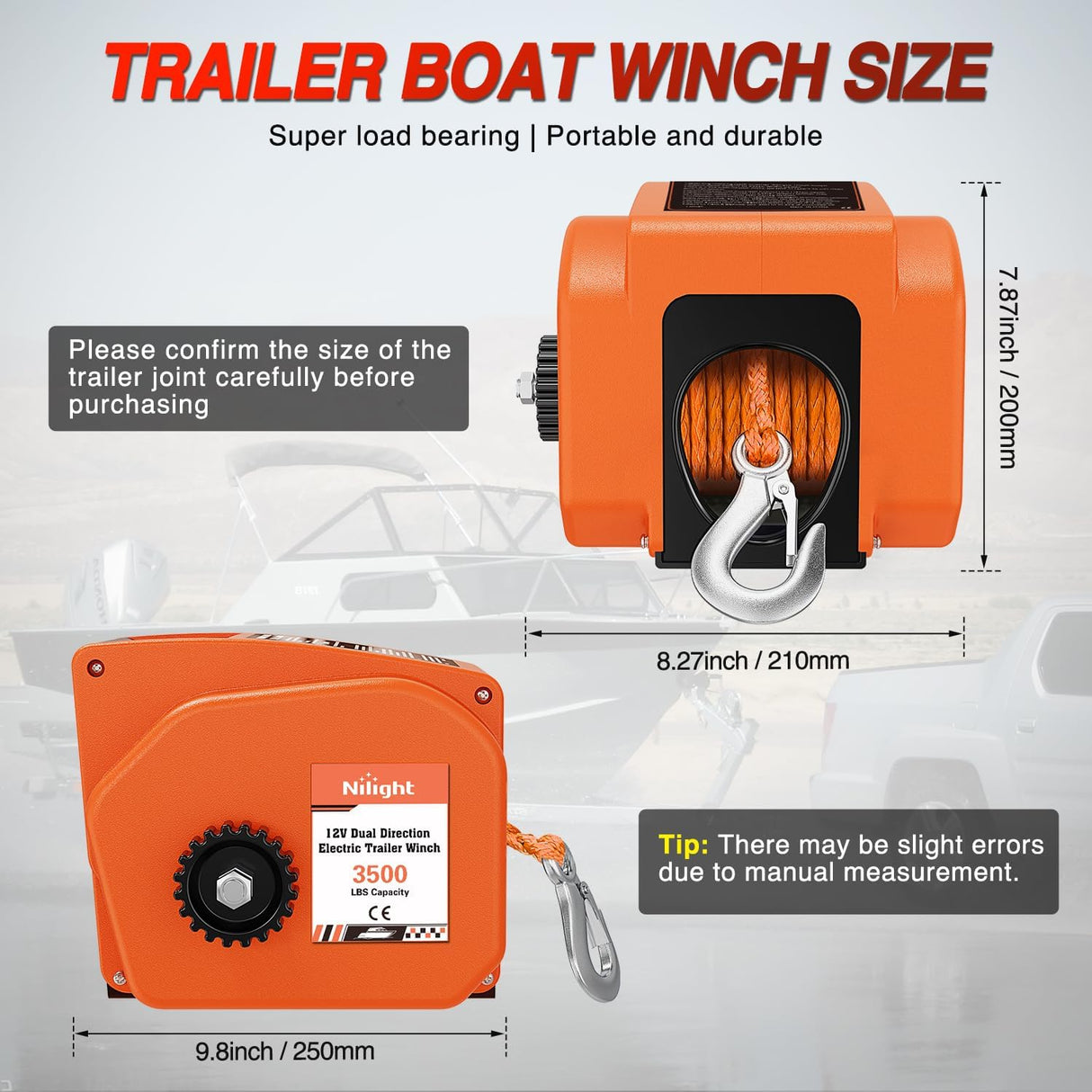 Boat Trailer Winch 3500 lbs Portable Electric Boat Winches 12 V DC Marine Winch with Synthetic Rope Remote Control Hand Crank Power-In Freewheel Waterproof Winch for Boat Trailer Towing Orange