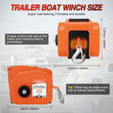 Boat Trailer Winch 3500 lbs Portable Electric Boat Winches 12 V DC Marine Winch with Synthetic Rope Remote Control Hand Crank Power-In Freewheel Waterproof Winch for Boat Trailer Towing Orange