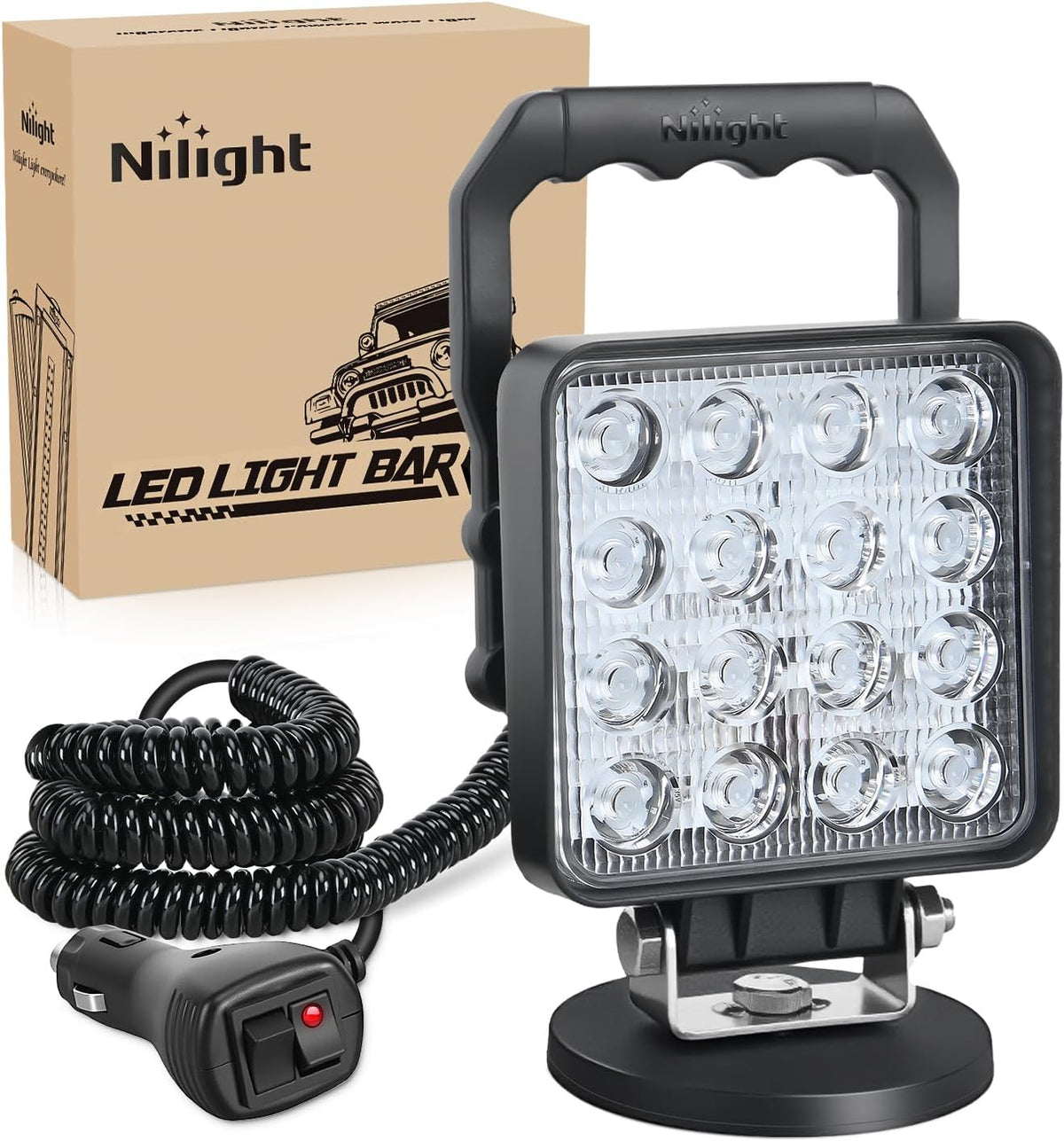 LED Light Bar 4Inch 48W Square Portable Flood Pod Cigarette Lighter Powered with Wiring Magnetic Base 16LEDs Fog Driving Work Roof Bumper Lights for Truck Tractor Golf Cart UTV