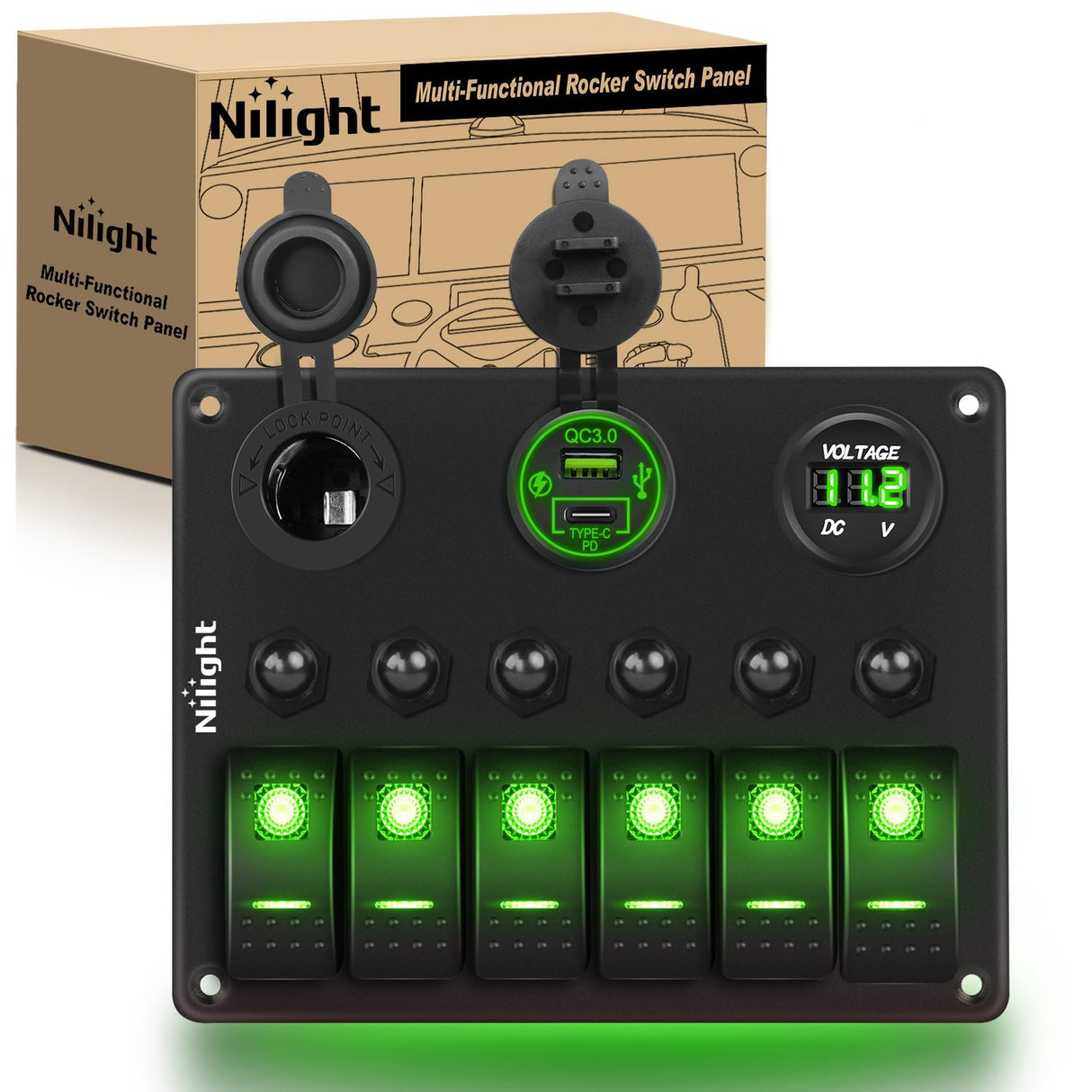 6 Gang Rocker Switch Panel Waterproof Pre-Wired Aluminum Panels with PD Type C and USB Cigarette Lighter Socket Voltmeter 12V 24V ON Off Switches for Car Trucks Boats RVs Green