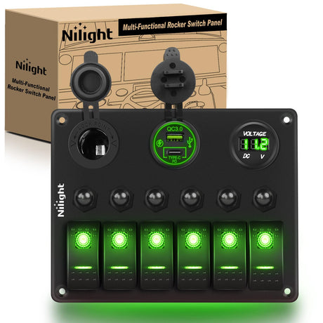 6 Gang Rocker Switch Panel Waterproof Pre-Wired Aluminum Panels with PD Type C and USB Cigarette Lighter Socket Voltmeter 12V 24V ON Off Switches for Car Trucks Boats RVs Green