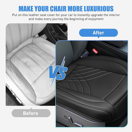 Car Seat Cushion Cover Black Geometric Embroidered Leather Front Seats Waterproof Anti-Slip Comes with Storage Bag Wraps Bottom Fits Cars Sedan Van SUV Truck