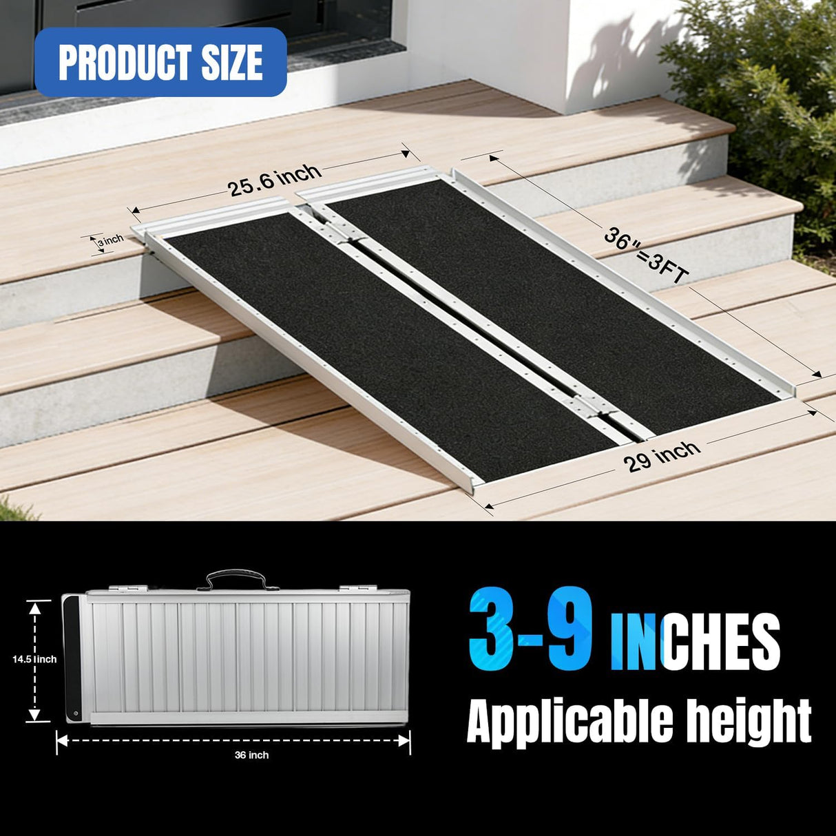 3 Feet Portable Wheelchair Ramp with Quick-Lock Non-Skid Aluminum | Handicap Ramps with Handle Folding Threshold Ramp for Home Steps, Stairs, Doorways, Scooter, Porch, Cart 800LBS Capacity