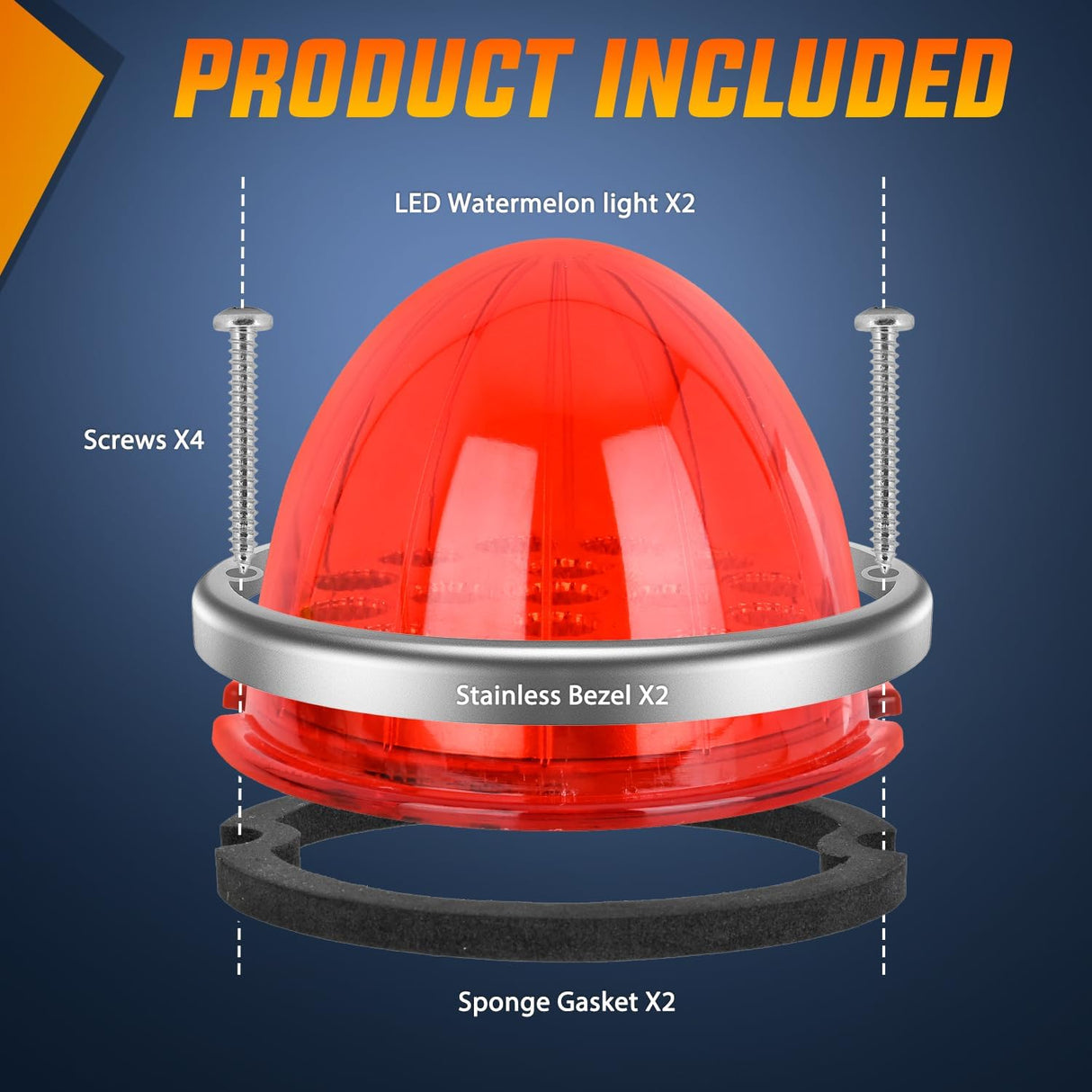 Watermelon Light 17 LED Triple Function 2PCS Red Lens Stainless Steel Bezel Marker Clearance Strobe Brake Lights 4 Plug IP68 Waterproof for Trailer Truck Pickup Camper RV ATV UTV Boat