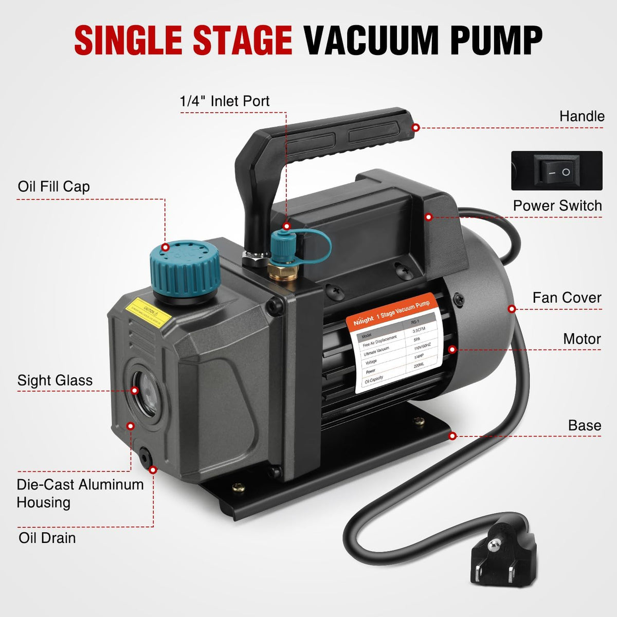 HVAC Vacuum Pump, 3.5 CFM 1/4 HP 110V Single Stage AC Vacuum Pumps Kit for R22 R404a R134a R410a 5 Pa Ultimate Vacuum for Auto Air Conditioning Servicing Refrigerant Recharging, Oil Included