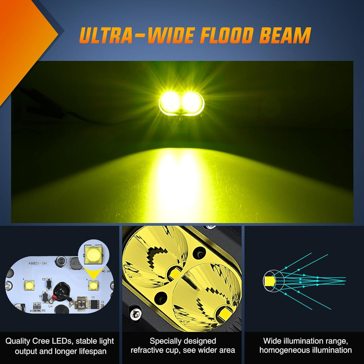 LED Pod Light 24W 4 Inch 2PCS Yellow Flood Beam Driving Lights Pods IP67 Waterproof Auxiliary Offroad Lighting for Truck Tractor SUV ATV UTV Golf Cart Boat Motorcycle Dirt Bike
