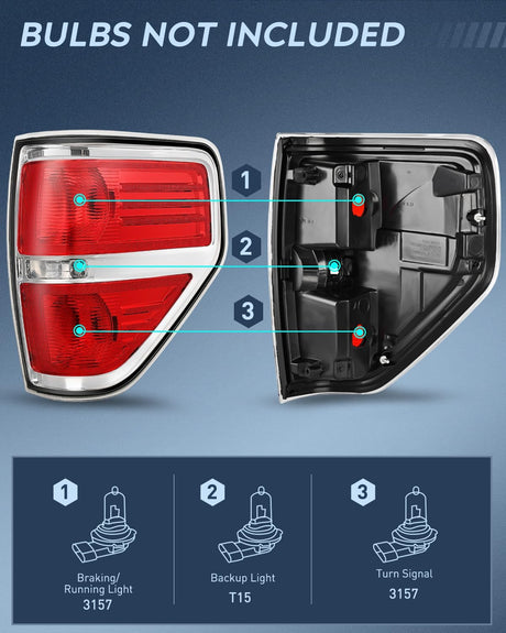 Taillight Assembly Compatible with 2009 2010 2011 2012 2013 2014 Ford F-150 F150 Pickup Truck Taillight Rear Lamp Replacement OE Style Red Housing Passenger side Chrome Trim